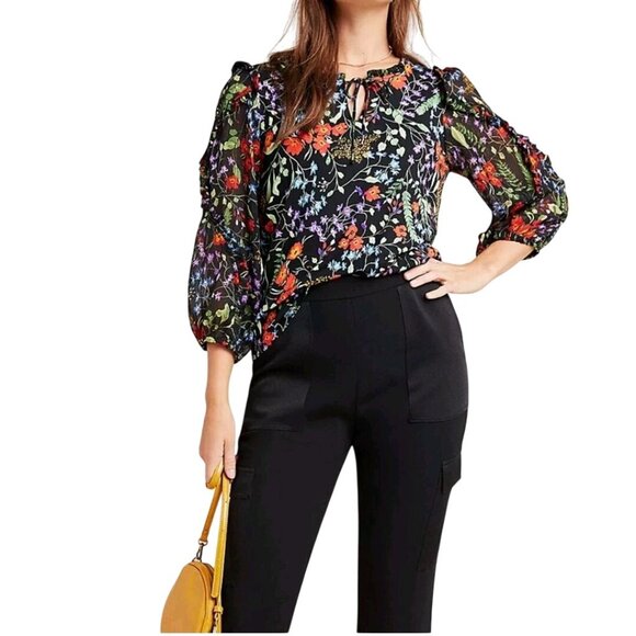 Anthropologie Maeve Jaquin Peasant Blouse Black Floral Puff Sleeve Size 1X - Picture 5 of 14